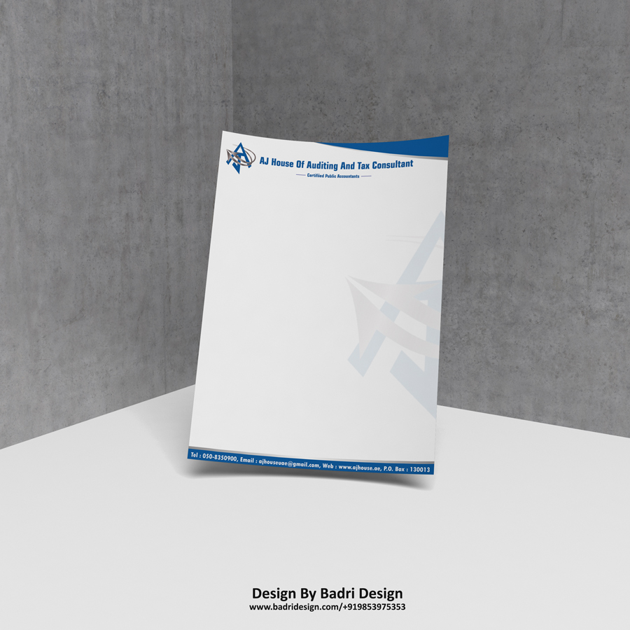 AJ house Dubai auditing and tax consultant company letterhead design by Badri design