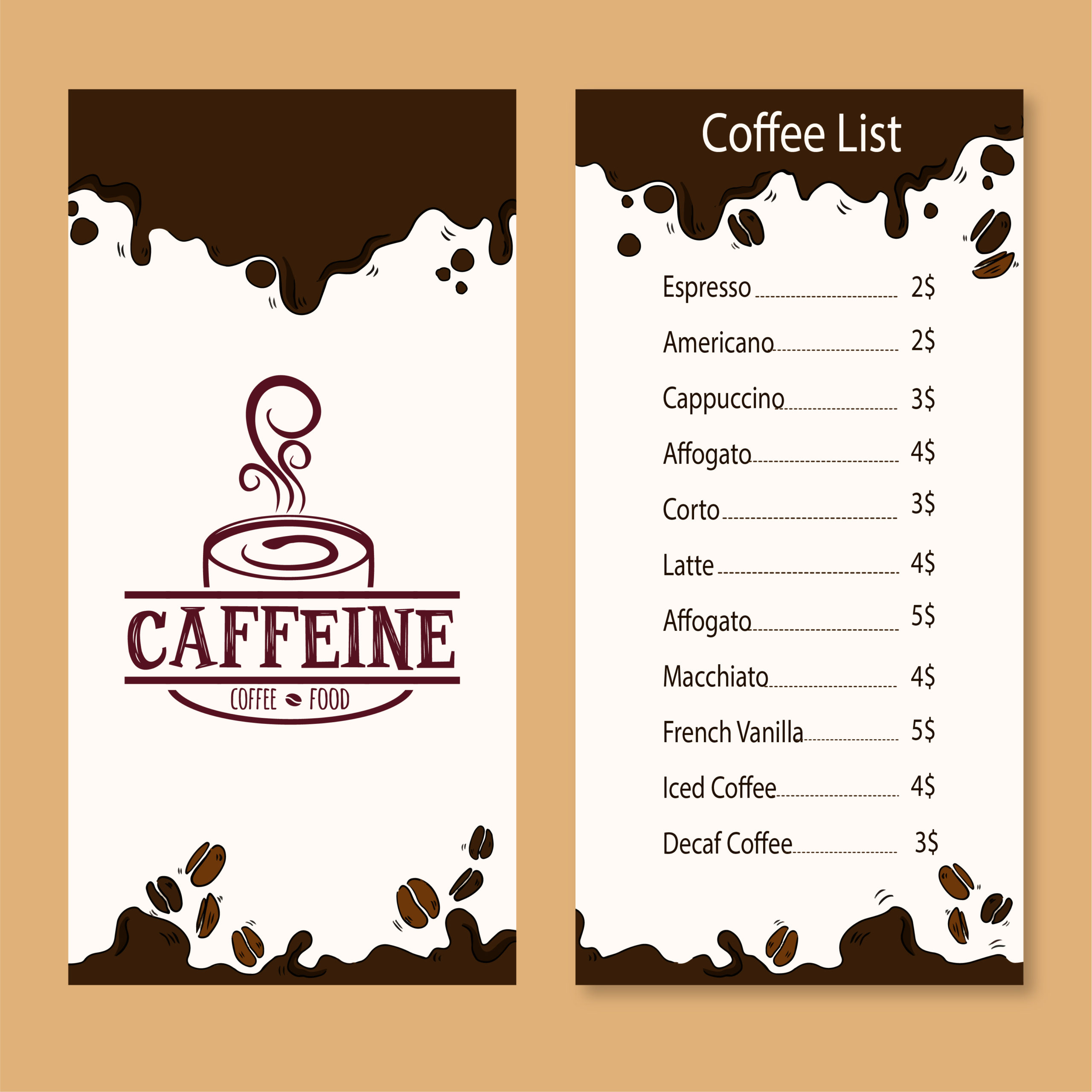 Caffeine and café menu card design by Badri design