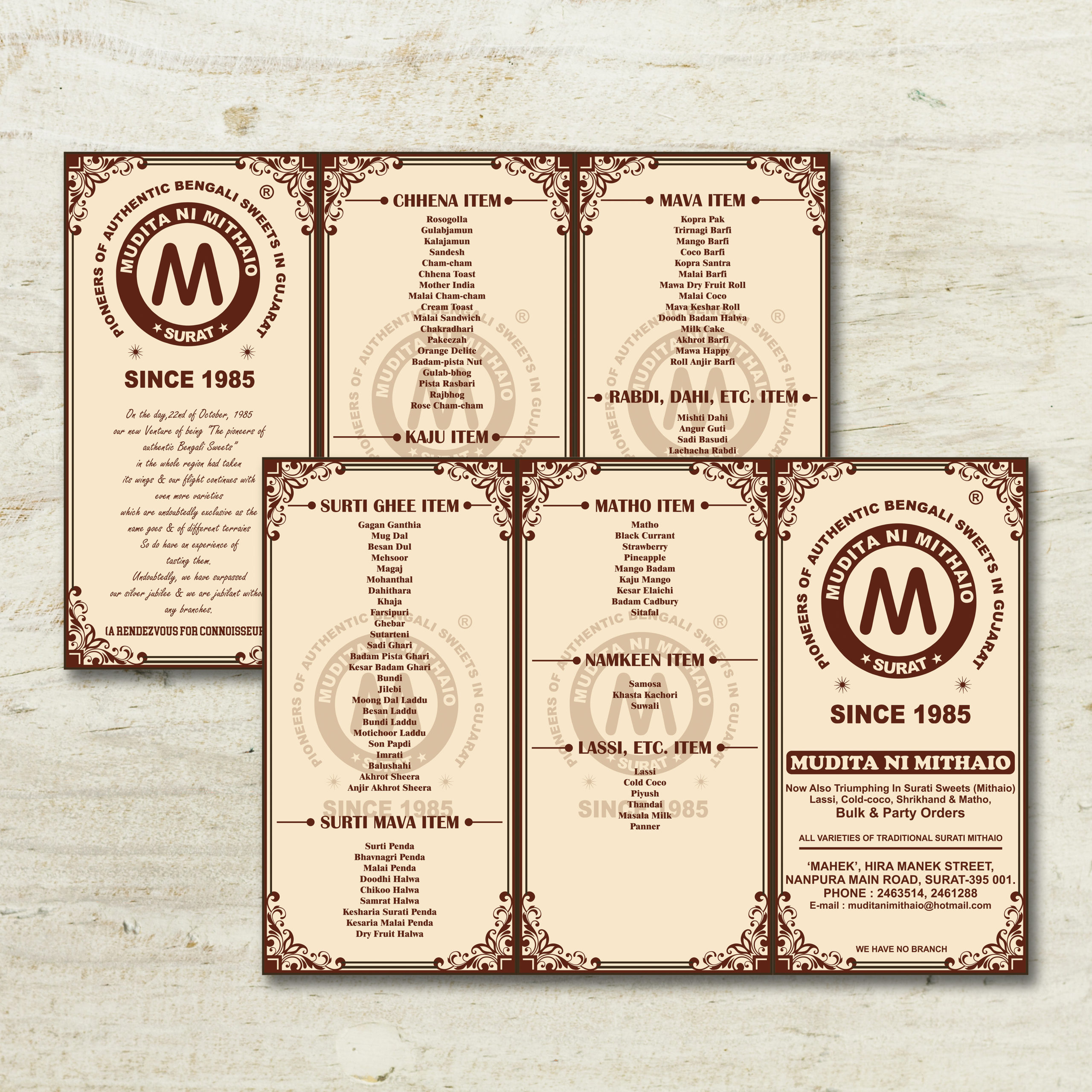 Mithai shop tri fold menu card design by Badri Design